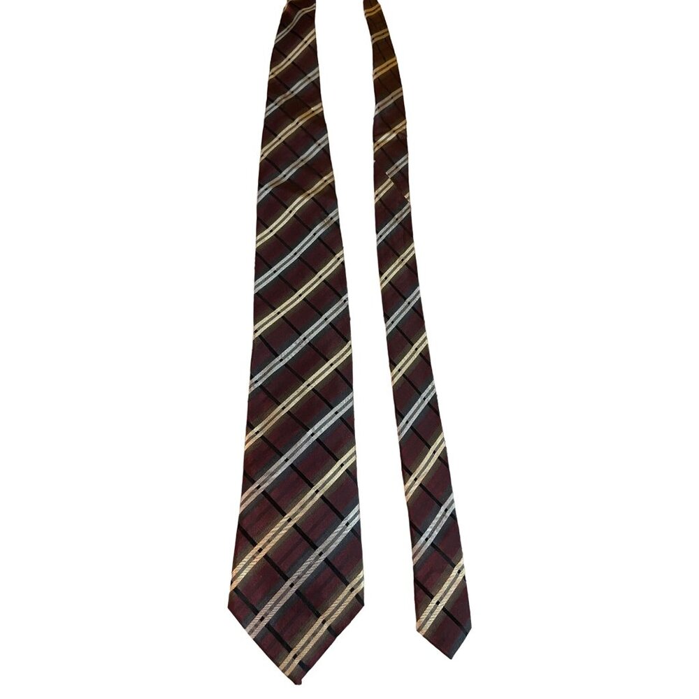 Van Heusen Silk Tie Burgundy Plaid Diagonal Stripe Classic 90s  Work Dad Gift